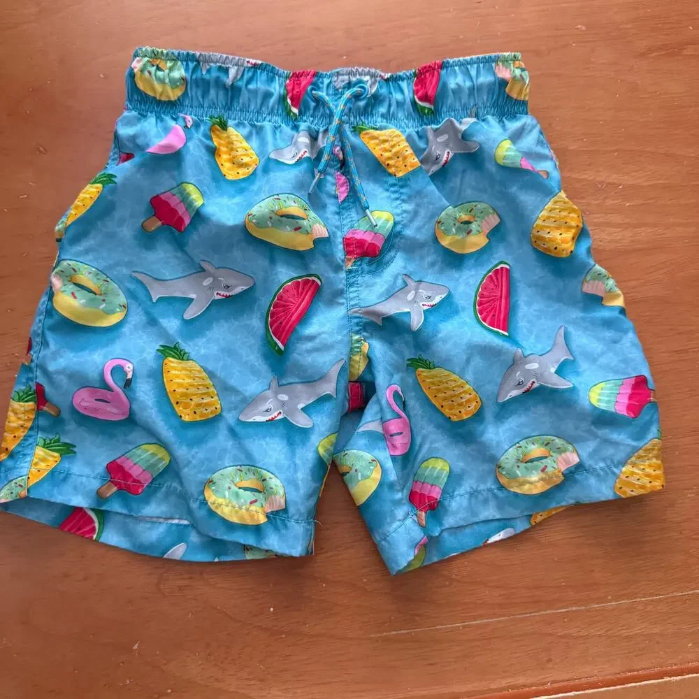 Primark Swim Trunks Board Shorts Boys 7 8 Blue Shark Fruit Print